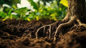 Close-up of tree roots in rich soil surrounded by lush greenery. photo