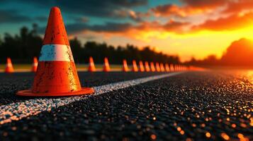 Traffic cones lined along a road at sunset, creating a vibrant scene. photo