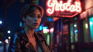 A confident woman in a leather jacket poses against a vibrant neon backdrop. photo