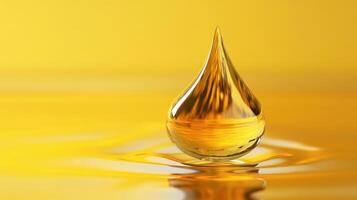 A vibrant liquid drop against a smooth yellow background. photo