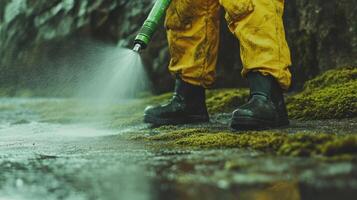 A worker sprays water on a mossy surface with a green hose. photo