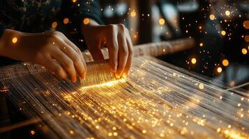 A hands-on weaving process illuminated by sparkling threads. photo