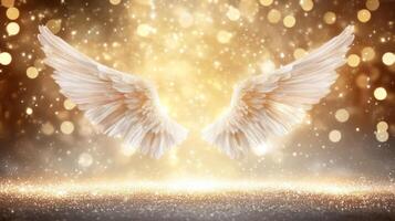 Elegant angel wings illuminated against a shimmering golden background. photo