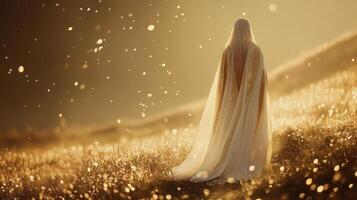 A serene woman in a golden landscape, enveloped in soft light. photo