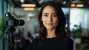 A confident woman in a modern office setting, posing with a camera. photo