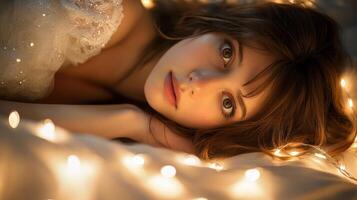 A serene portrait of a woman surrounded by soft, glowing lights. photo