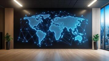 A glowing world map mural in a modern office with urban views. photo