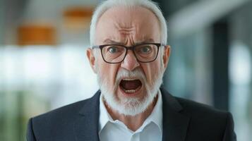 An elderly man in a suit expresses intense anger in an office setting. photo