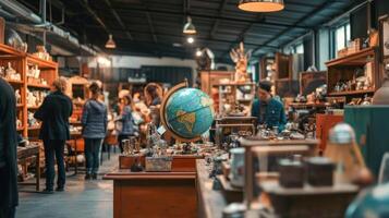 A vibrant antique market with shoppers exploring vintage treasures. photo