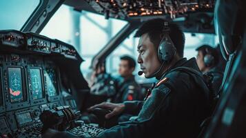 Pilot focused in helicopter cockpit, engaging in flight operations. photo
