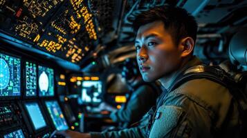 A focused pilot operating advanced aircraft controls in a dim cockpit. photo