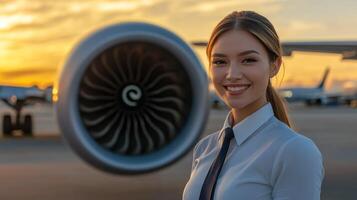 A smiling pilot stands confidently by a jet engine at sunset. photo