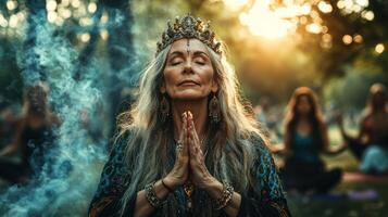 A serene woman in a crown meditates amidst nature, enveloped in smoke. photo