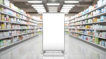 An empty pharmacy aisle with a blank display stand and organized products. photo