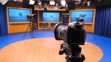 A camera captures a well equipped media studio setup. photo