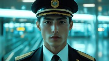 A confident pilot in uniform stands serious at an airport terminal. photo