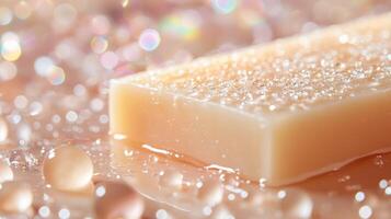 A close up of a soap bar surrounded by soft pearls and sparkling droplets. photo