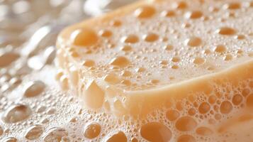 A close up of a creamy soap bar surrounded by bubbly foam. photo