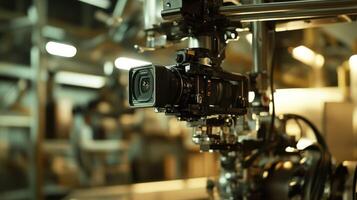 A close up of a camera mounted on industrial machinery in a factory. photo