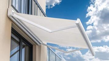 A modern awning extending over a balcony under a bright, cloudy sky. photo