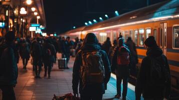 A busy train station at night filled with commuters and vivid lights. photo