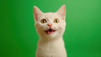 A cheerful white cat smiling against a vibrant green background. photo