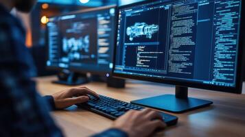 A programmer coding on multiple monitors in a modern workspace. photo