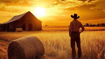 A cowboy stands in a golden field at sunset, gazing towards the barn. photo