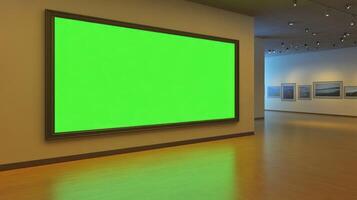 A spacious art gallery featuring an empty green screen frame. photo