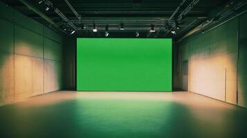 An empty studio with a large green screen for versatile creative use. photo