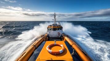 A tugboat navigating through choppy ocean waters under a blue sky. photo