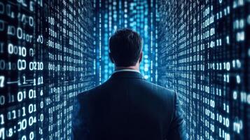 A businessman stands in a digital corridor of flowing binary code. photo