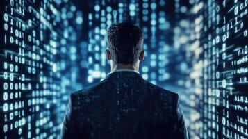 A businessman gazes into a digital data landscape, symbolizing technology. photo