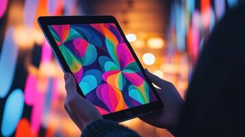 A person holding a vibrant, abstract design tablet in a colorful setting. photo