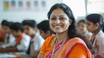 A smiling teacher in a classroom surrounded by engaged students. photo