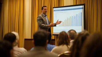 A speaker presents growth data to an engaged audience at a conference. photo
