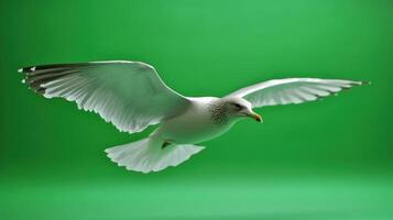 A graceful seagull in flight against a vibrant green background. photo