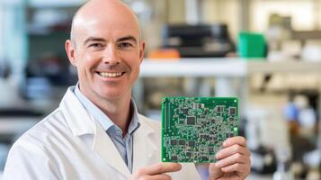 A smiling engineer holding a green circuit board in a modern lab. photo