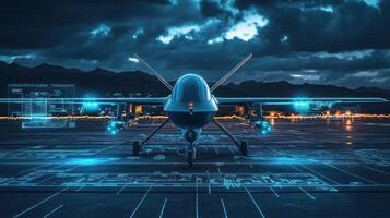 Futuristic drone on a runway with a high tech environment at night. photo