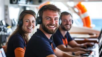 Smiling crew members on a ship engaged in teamwork and navigation. photo