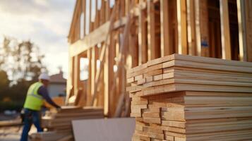 A construction worker organizes lumber at a building site during sunset. photo