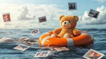 A teddy bear floats on a lifebuoy surrounded by nostalgic photos. photo