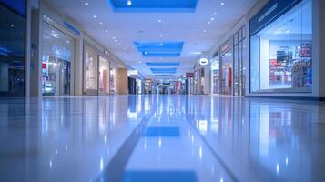 A serene and spacious empty shopping mall corridor with reflections. photo
