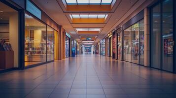 A modern shopping mall corridor featuring inviting retail spaces. photo