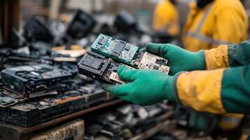 Workers handling electronic waste for recycling and dismantling. photo