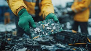 A worker holds a circuit board amidst e waste in a recycling site. photo