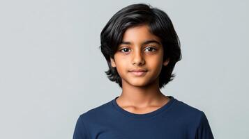 A cheerful boy with a friendly expression against a soft background. photo