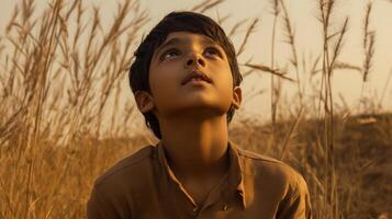 A boy gazes upwards in a field, capturing a moment of curiosity. photo