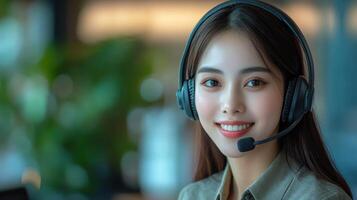 Cheerful woman in a headset, engaging in customer service communication. photo
