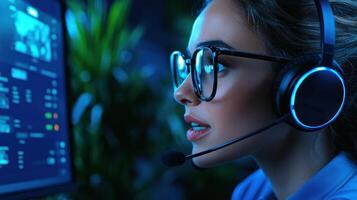 A focused woman with a headset interacting with a computer screen. photo